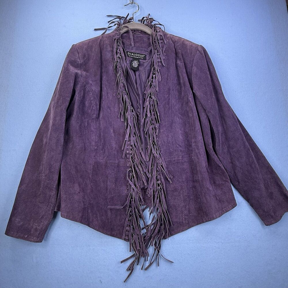 VTG Dialogue Purple Suede Leather Fringe Jacket Size S 1169